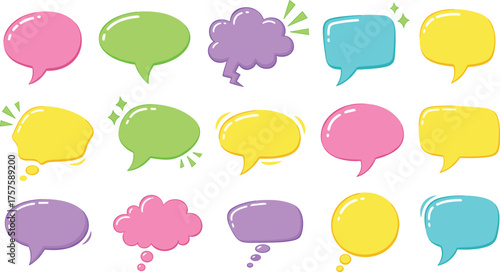 Vector illustration of various colorful empty speech bubbles. A set of hand-drawn doodle-style talk balloons and thought clouds for chat