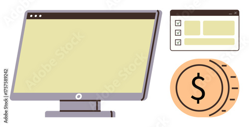 Desktop monitor, checklist interface, and coin highlighting digital finance, budgeting, or task tracking. Ideal for business, productivity, finance, time management online tools planning