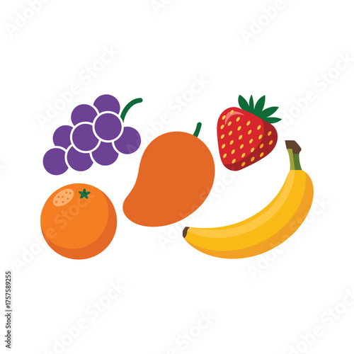 Fresh ripe assorted fruits collection including banana mango orange strawberry grapes healthy food concept