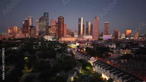 Beautiful Houston Texas skyline at night with a stunning aerial drone view 4K downtown