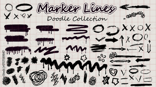 Vector marker lines doodle collection in hand-drawn style. The set features black marker strokes, arrows, symbols, hearts, circles, and squiggles on a light grid background.