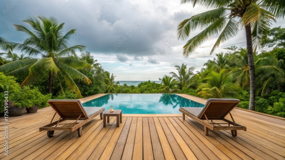 Fototapeta premium Luxurious tropical resort infinity pool with lounge chairs and palm trees under a dramatic cloudy sky