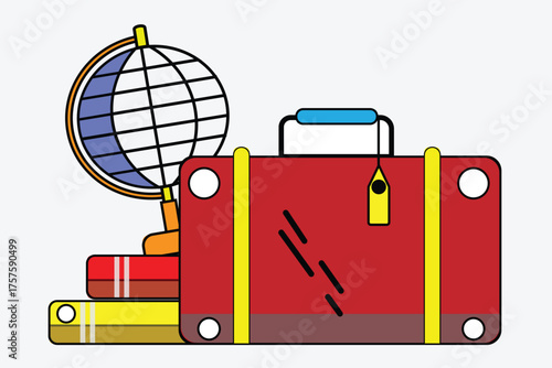 A red suitcase with a globe and books stacked on top, , perfect for travel themes