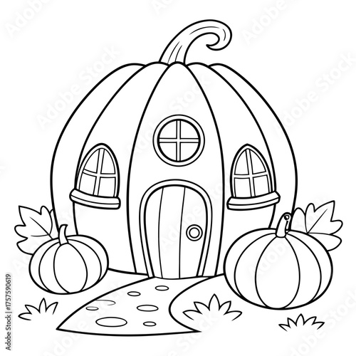 A black and white outline illustration of A whimsical pumpkin house coloring page