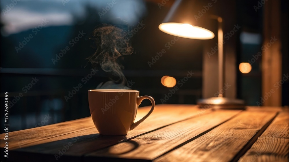 Obraz premium Steaming hot coffee cup on wooden table under warm lamp light cozy evening scene