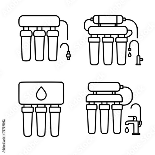Illustration depicting four variations of reverse osmosis (RO) water filtration systems. Each design features multiple
