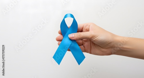 A close-up shows a person hands holding and offering a light blue ribbon against a white background.