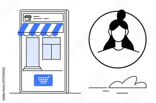Mobile storefront with awning, cart button, female profile in a circle, and organic shapes. Ideal for e-commerce, online retail, shopping apps, customer service, digital business marketing simple