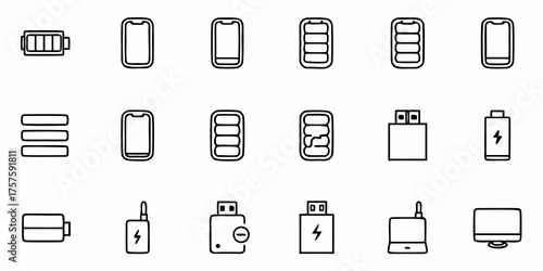 Modern outline illustrations of tech devices symbolizing power, energy, and connectivity for digital interfaces and user experience design projects that need visual clarity