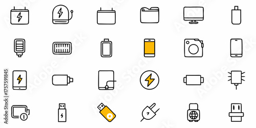 Tech Gadgets and Electronic Devices Line Art Collection for Modern Lifestyle, Power and Connectivity, Hand Drawn Styled Tech Icons, Featuring Smartphone and Charger