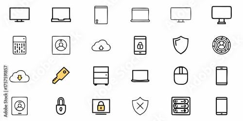 Secure network icons featuring computer, laptop, smartphone, cloud, shield, server and user profile for web design and data protection concepts
