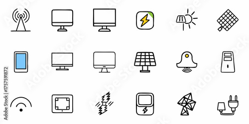 Modern hand drawn smart technology icons representing connectivity, renewable energy and electronic devices for innovative tech solutions and sustainable living
