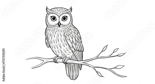 Detailed Hand-Drawn Owl on Branch Line Art Illustration