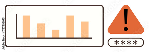 Bar chart representing data analysis alongside a red warning triangle and obscured password entry. Ideal for cybersecurity, data safety, risk management, analytics, confidentiality, statistics