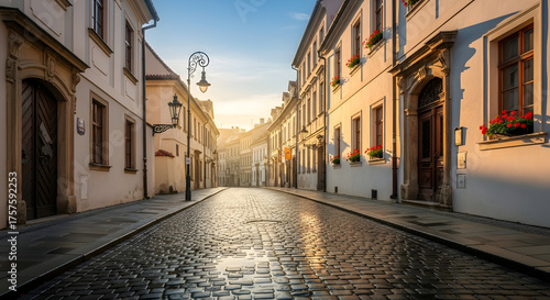 Cobblestone Street in European Town at Sunrise Empty Road Through Historic Buildings Urban Scene Old Town Architecture Travel Destination Morning Light Tranquil Streetscape