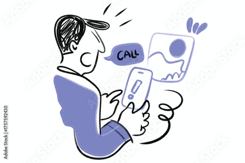 Man using smartphone with application notifications hand-drawn vector illustration for mobile app design isolated on white background