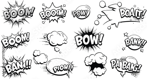 Black and white comic book sound effect speech bubbles and action words boom bang