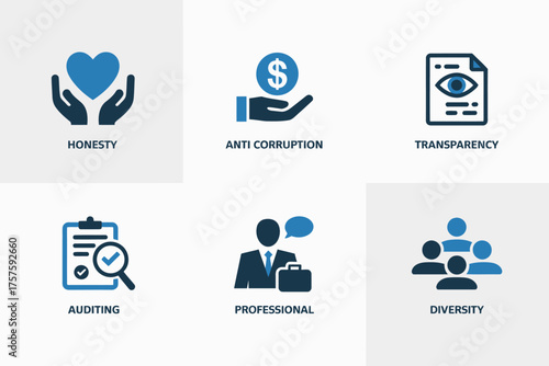Corporate Ethics and Professional Values Icon Set — Honesty, Transparency, Anti-Corruption, and Diversity Illustration.