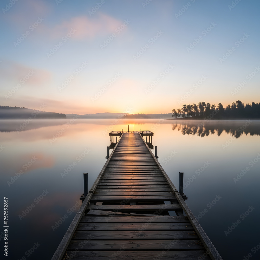 Obraz premium Serene Sunrise Over Misty Lake With Wooden Pier: Tranquil Waters Reflecting Dawn's Light, Leading to Distant Shores and Forest Silhouette Under Soft Pastel Skies