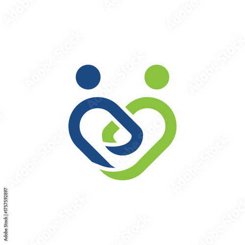 Two abstract human figures, one blue and one green, interlinked to form a heart shape symbolizing partnership and care.