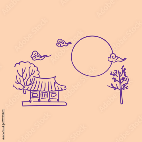 Traditional korean house under a full moon with clouds and trees, minimalist line art illustration