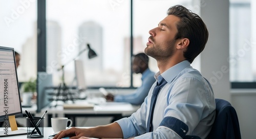 Man taking a deep breath at his desk in a modern office