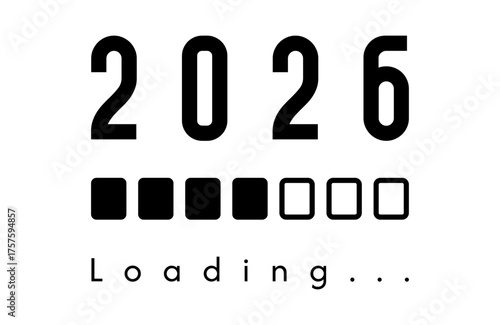 New Year 2026 loading concept with a square progress bar. A minimal black and white vector illustration for countdowns, the future, and new beginnings. Isolated on a white background.