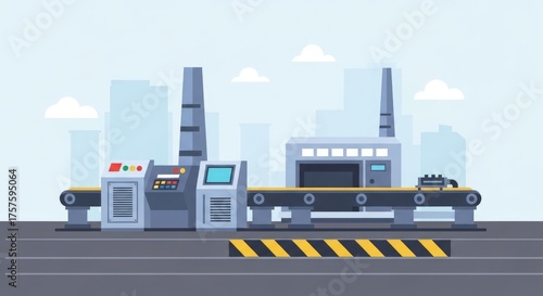 Automated Factory Production Line with Conveyor Belt and Machinery.