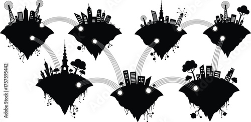 Floating futuristic smart city islands, digital urban network, wireless communication, global connectivity, technology infrastructure, modern architecture, innovation, internet, skyline, illustration
