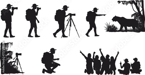 Wildlife photography, jungle exploration, silhouette people, nature adventure, tripod setup, forest observation, group celebration, travel moment, outdoor action, camera gear