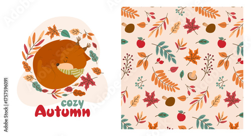 Vector illustration of a cozy squirrel sleeping surrounded by colorful autumn leaves, berries, and acorns. The warm hues evoke the spirit of fall and seasonal charm.