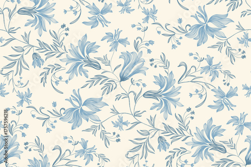 Vintage floral ethnic tapestry modern embroidery texture boho design vector illustration hand drawn silhouette indigo blue flower motif branches leaves wallpaper seamless background border.