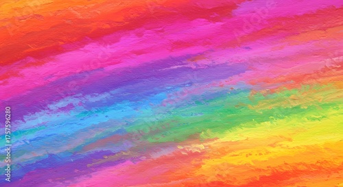 Colorful textured stripes are diagonally painted with a gradient of red pink purple blue green yellow and orange hues