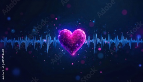 Cardiology Diagnostic Abstract Representation of Heart Sound and Data An abstract, futuristic digital visualization of complex sound wave patterns and data streams in shades of deep blue and electric