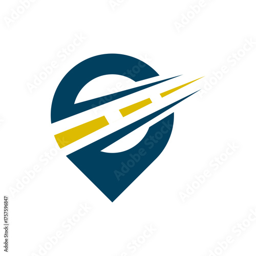 A stylized logo featuring a dark blue location pin with a yellow road extending rapidly from its center, symbolizing navigation, speed, and travel.