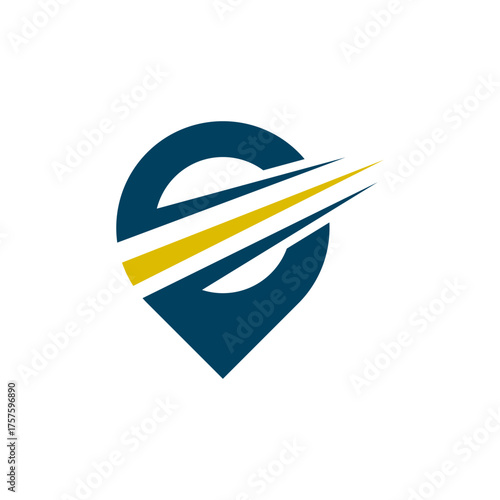 A logo featuring a dark blue location pin with yellow and white speed lines, indicating travel.