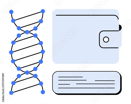 DNA strand, wallet, and file interpretation combining biology, finance, and knowledge. Ideal for genetics, healthcare, research data storage finance security biomedicine. Simple flat metaphor