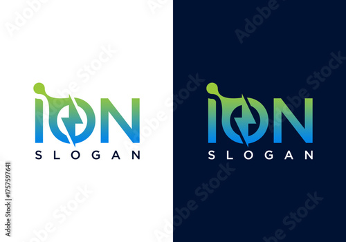Simple vector logo icon design of Ion Word sign, technology, Science connection