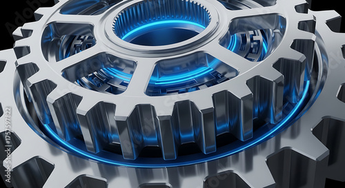 Closeup of metal gears with blue light
