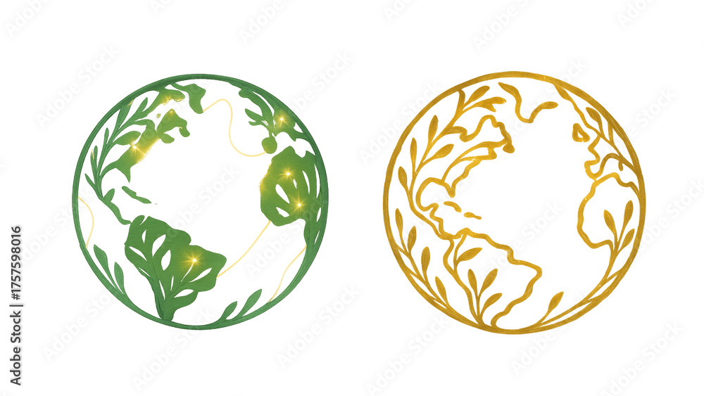 Obraz premium Eco Earth Moodboard — Green and Golden Planet Illustration