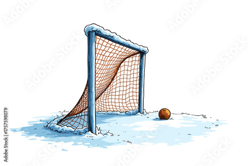 Snow on soccer goal post with ball on white background, winter scene, colorful illustration, sports equipment