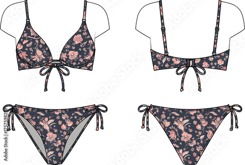 Floral bikini swimwear vector illustration with front and back view, stylish two piece swimsuit design, summer fashion beachwear clipart