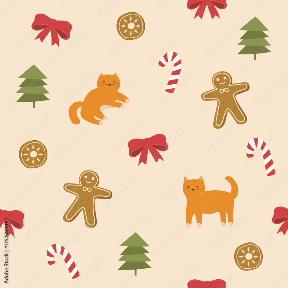 Fototapeta premium Christmas seamless pattern with gingerbread and sweet for wrapping paper, wallpaper, background, greeting card, scrapbook, textile, fabric print.