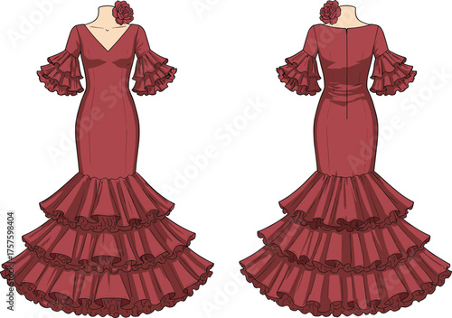 Elegant red flamenco dress vector illustration with ruffled sleeves, Spanish traditional costume design, cultural fashion outfit front and back view
