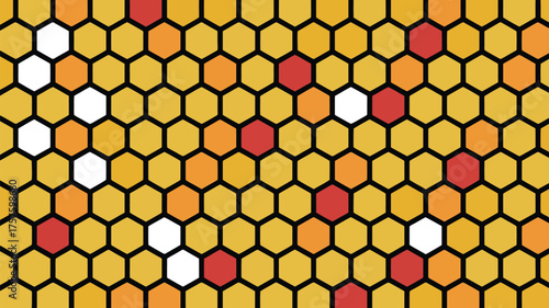 A honeycomb pattern with yellow orange red and white cells against a black background illustration