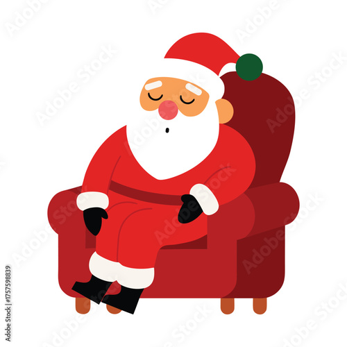 Santa claus peacefully naps in a red armchair after a long night of christmas work and gift delivery.