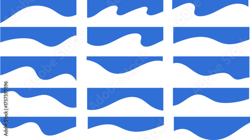 Header shape design for banner. Abstract vector wavy border. Blue bottoms and dividers on white background. Curved modern footer and separator. Simple footer and headline for poster