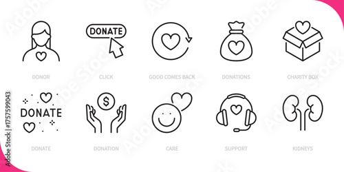 Donate & charity line icon set. Donor, clock, good comes back, donations, charity box, donate, donation, care, support, kidneys sign. Vector illustration. Editable stroke. Flat design.