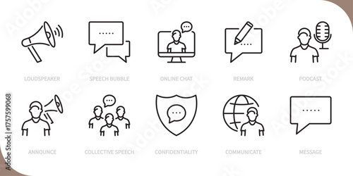 Speaking line icon set. Loudspeaker, speech bubble, online chat, remark, podcast, announce, collective, confidentiality, communicate, message sign. Vector illustration. Editable stroke. Flat design.
