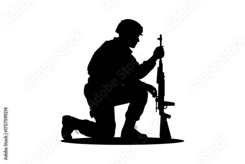 Solemn soldier kneeling with rifle silhouette, embodying remembrance, respect, and duty in a powerful, iconic pose for impactful storytelling.